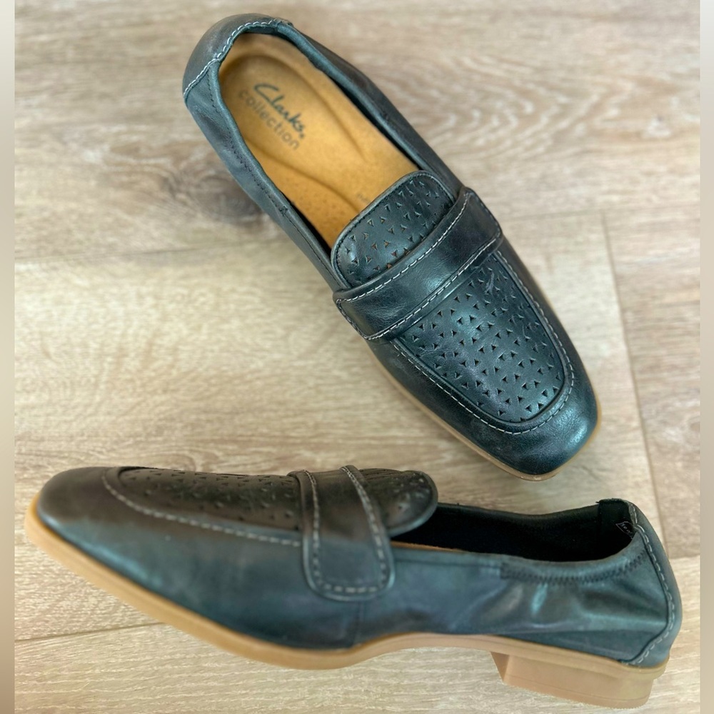Ultimate Comfort Clarks collection - navy blue loafers with a small heel